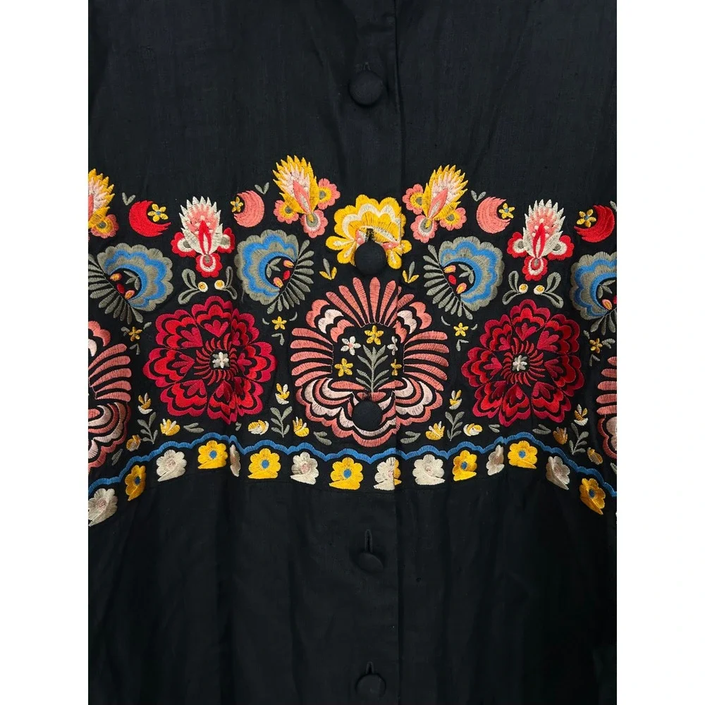 Andrea Jovine Black Linen Embroidered Floral Shirt Dress Tunic Size 14 - CJ - Picture 4 of 8